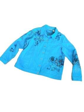 Vintage Laura Ashley Blue Embroidered Floral Bead Embellished Cotton Jacket Size